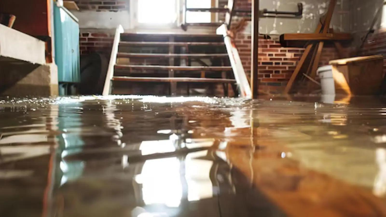 Flooded basement stairway with standing water at the bottom