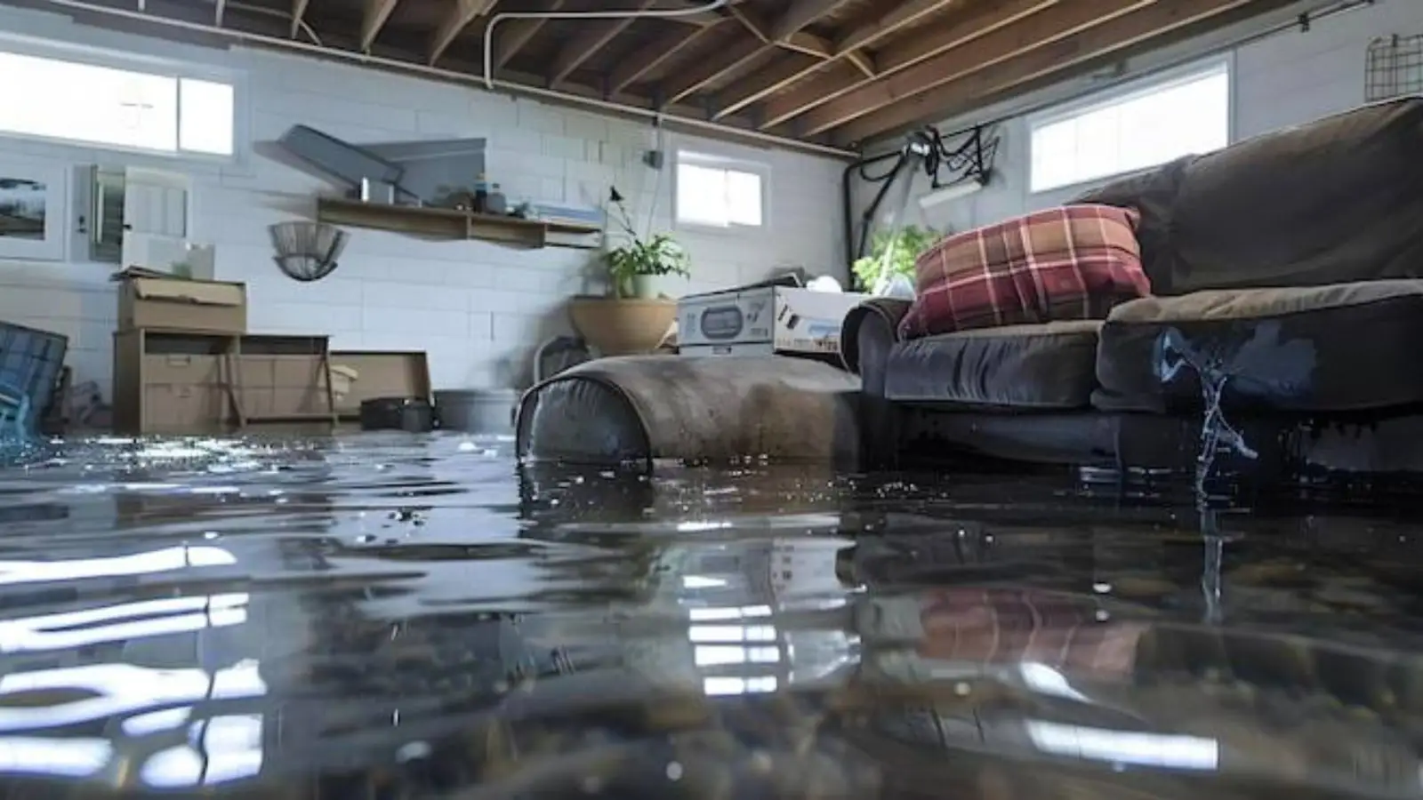 Standing floodwater covering a finished basement living area