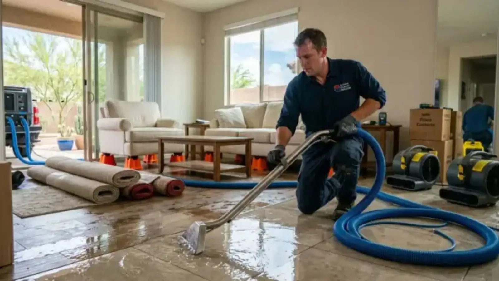 Technician extracting water from a living room floor with a wet vacuum while air movers sit nearby
