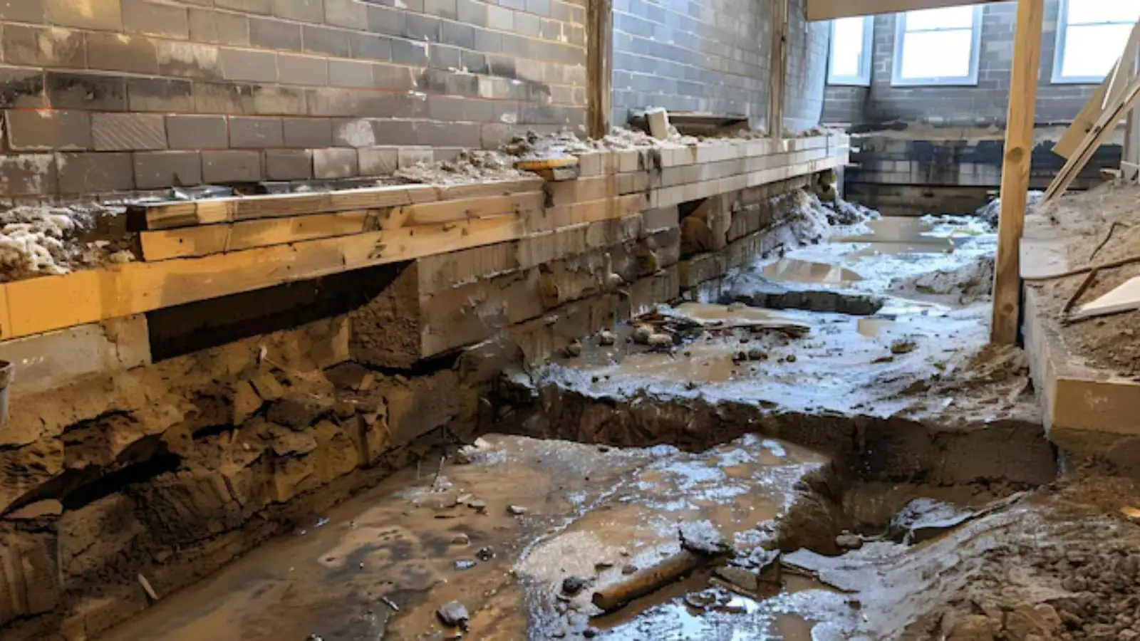 Water-damaged basement wall framing and foundation exposed