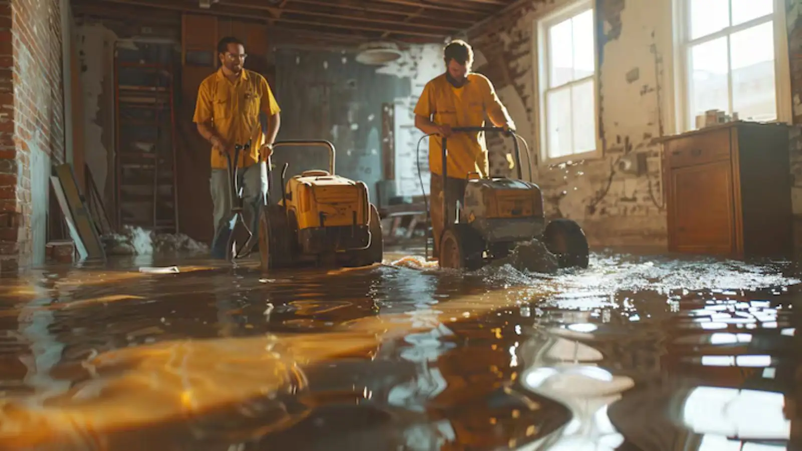 Two workers running floor extraction machines in a flooded room